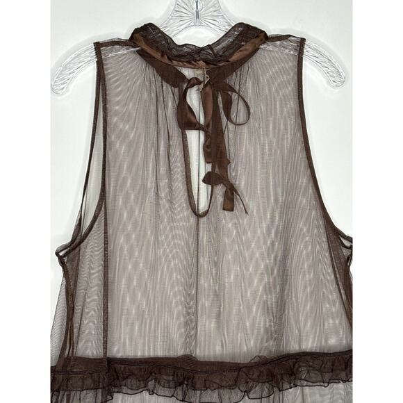 Free People Sheer Brown Tulle Ruffle Mini sexy  Dress with Bow Neck Tie large - Picture 4 of 11
